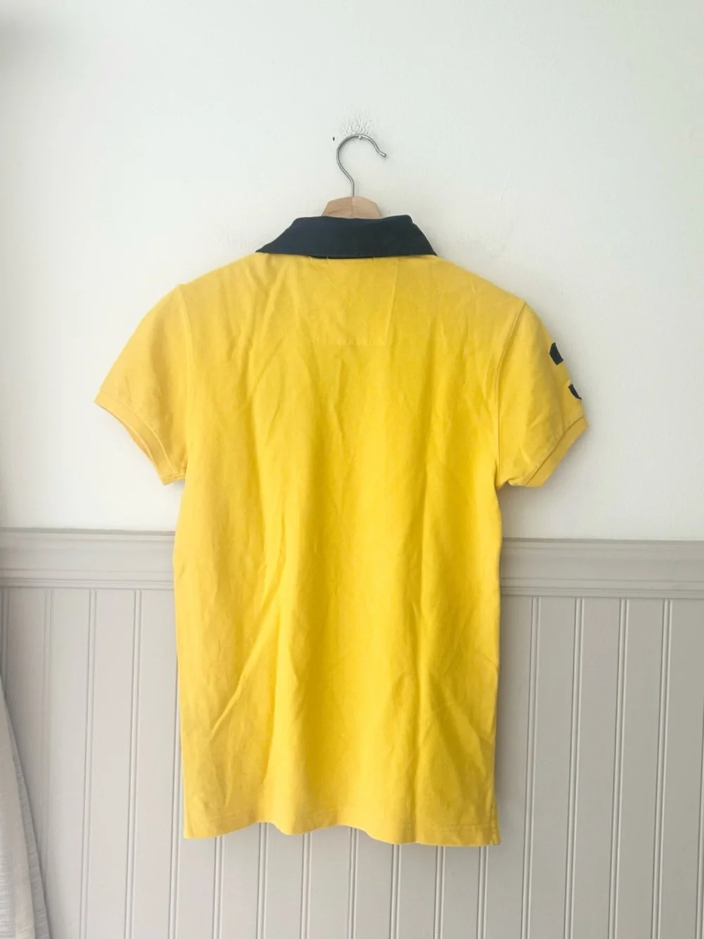 Y2K Ralph Lauren Men’s Medium Yellow Polo Shirt with Navy Big Pony - Picture 7 of 10